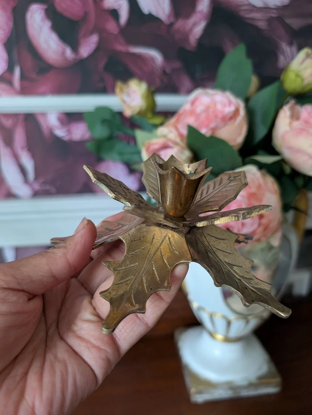 Vintage Solid Brass Leaf Design Tapered Candle Holders Table Decor 2.5